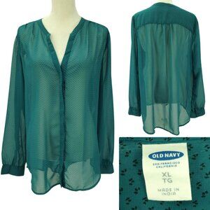 Old Navy Women XL Teal Green Long Sleeve Button Up V-neck Sheer Tunic Blouse Top